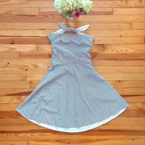 AQUA Vintage Strapless Dress Eyelet Lined Nautical Blue and White Stripe - xs